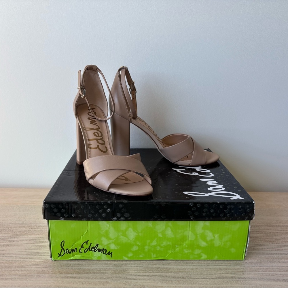 Sam Edelman Blush Tan Crisscross Ankle-Strap Block Heels